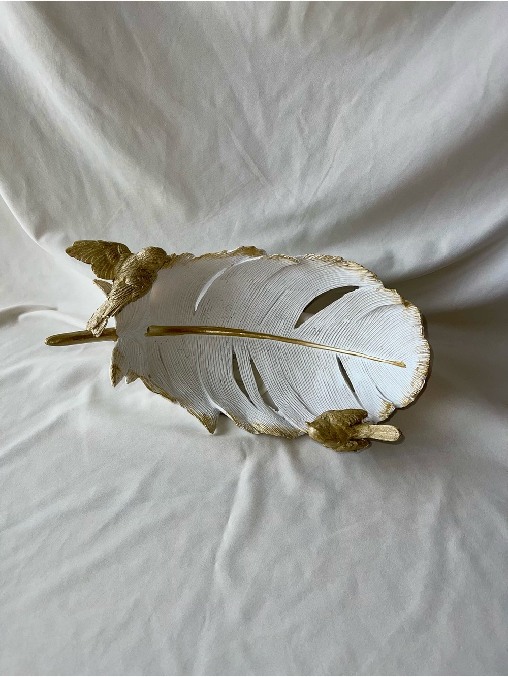 White and Gold Feather-Shaped Decorative Bowl with Birds - Home Accents Decor